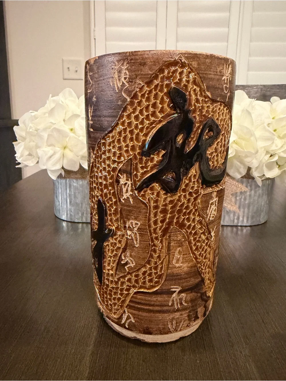 Vintage Hand Carved Chinese Clay Dragon Vase Tang Dynasty Poem Relief Potter